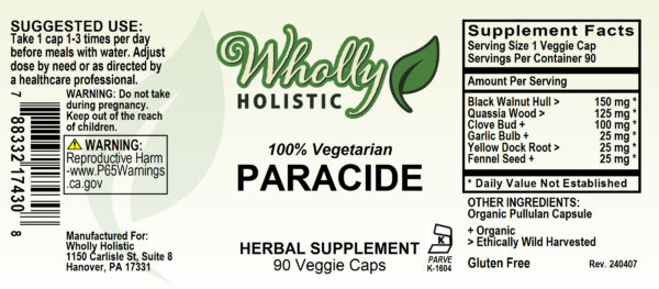Wholly Holistic Paracide capsule label.
