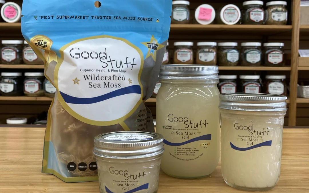 Good Stuff Wildcrafted sea moss gel in jars and dried sea moss in bags